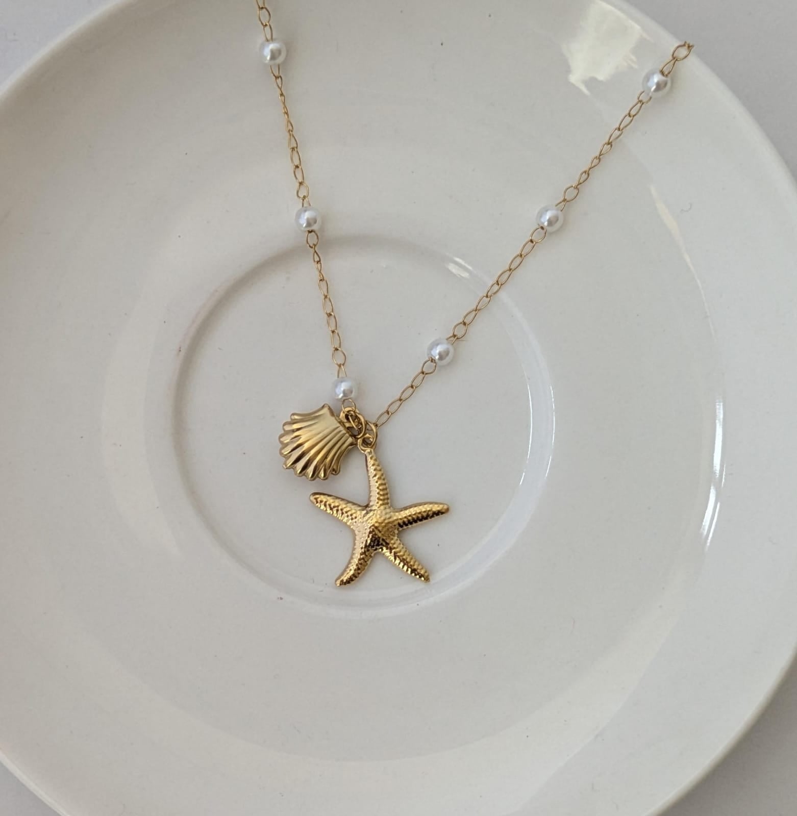 Gold Plated Stainless Steel Starfish & Shell Charms Necklace