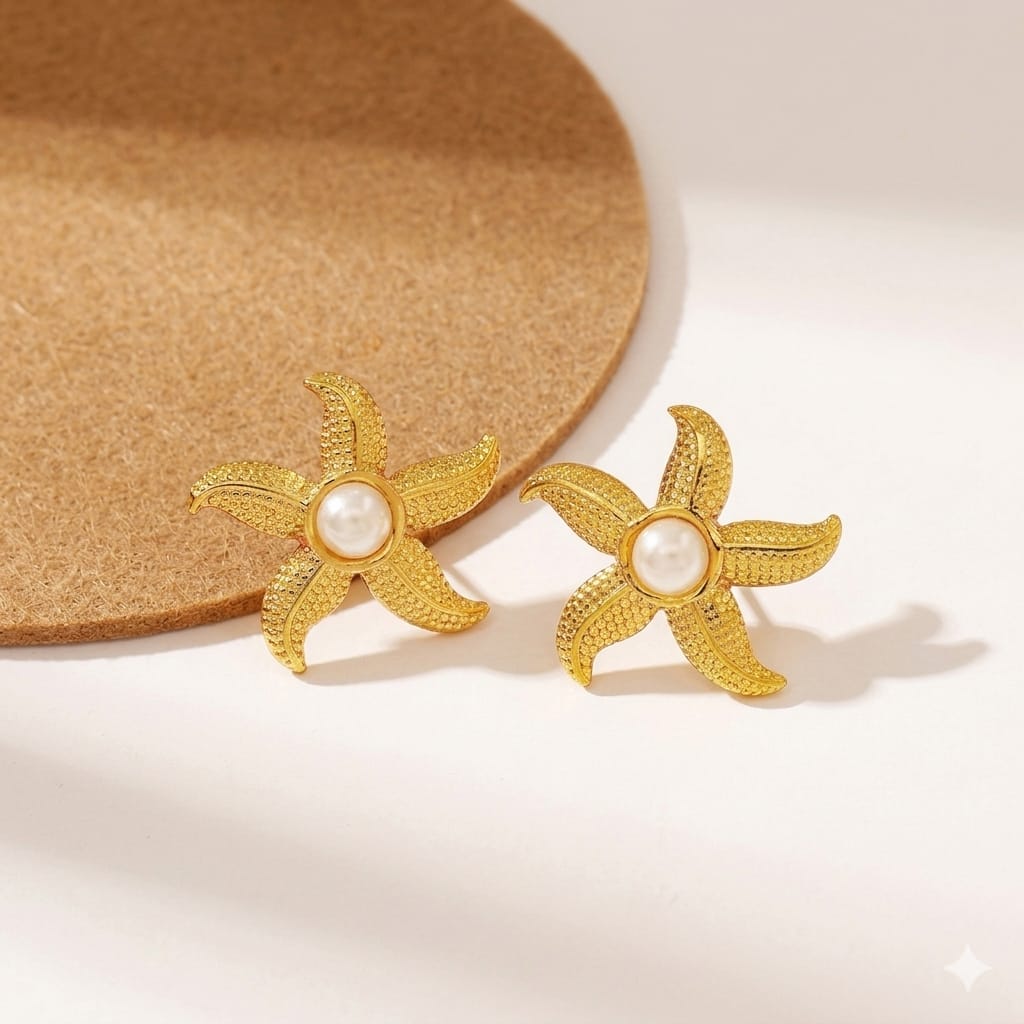GOLD STARFISH WITH PEARL STUD EARRINGS