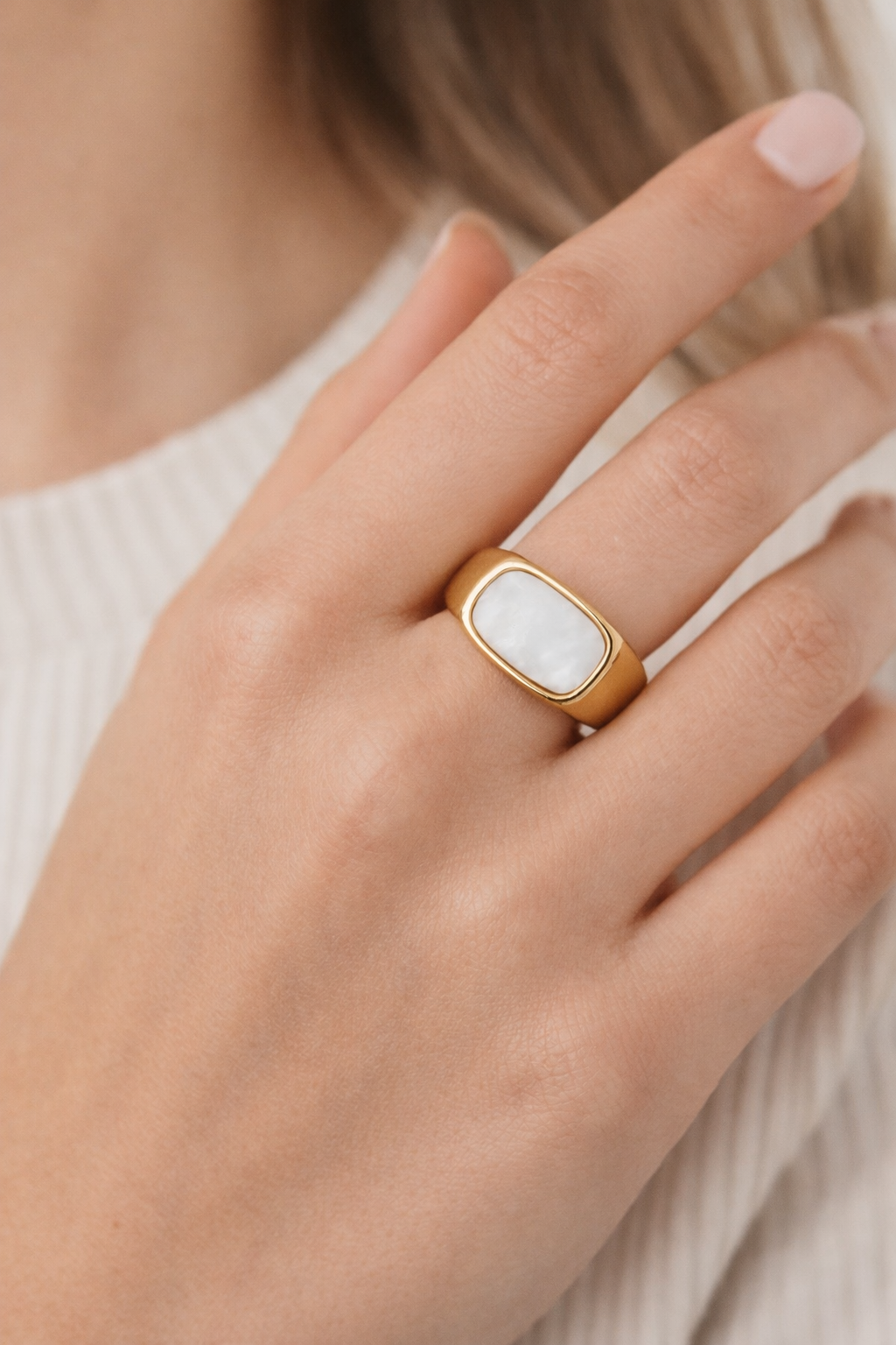 Elegant Gold-Plated Stainless Steel Ring with White Marble Stone