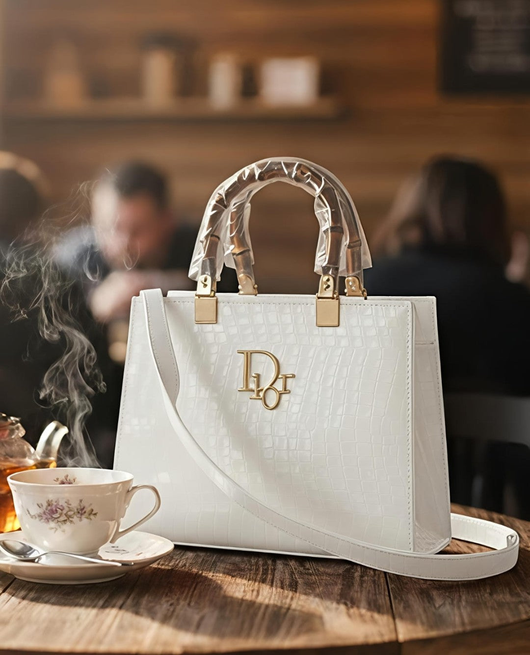 Luxury Dior Inspired Croc-Embossed Tote Bag with Bamboo Handles – Available in Multiple Colors