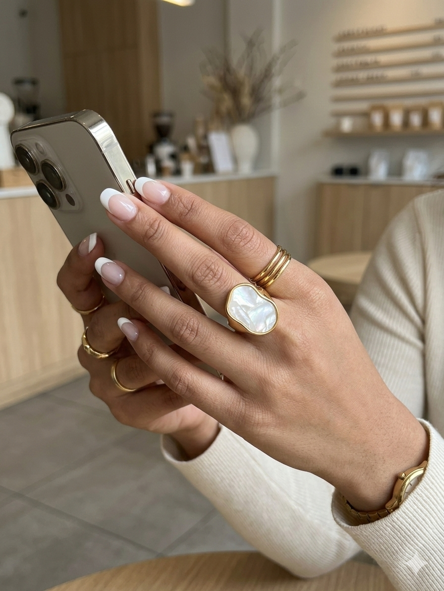 Stainless steel Gold plated ring with white mother of pearl inlay