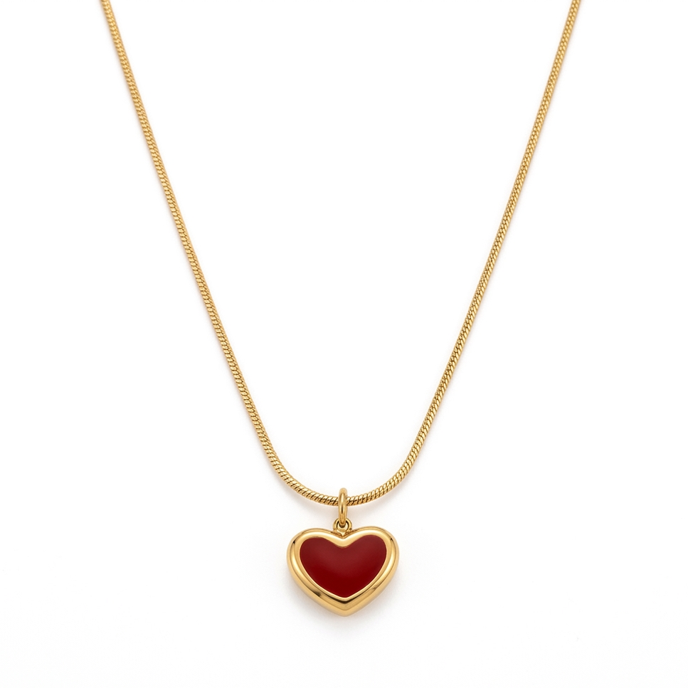 18K Gold Plated Red Enamel Heart Pendant Necklace – 316L Stainless Steel