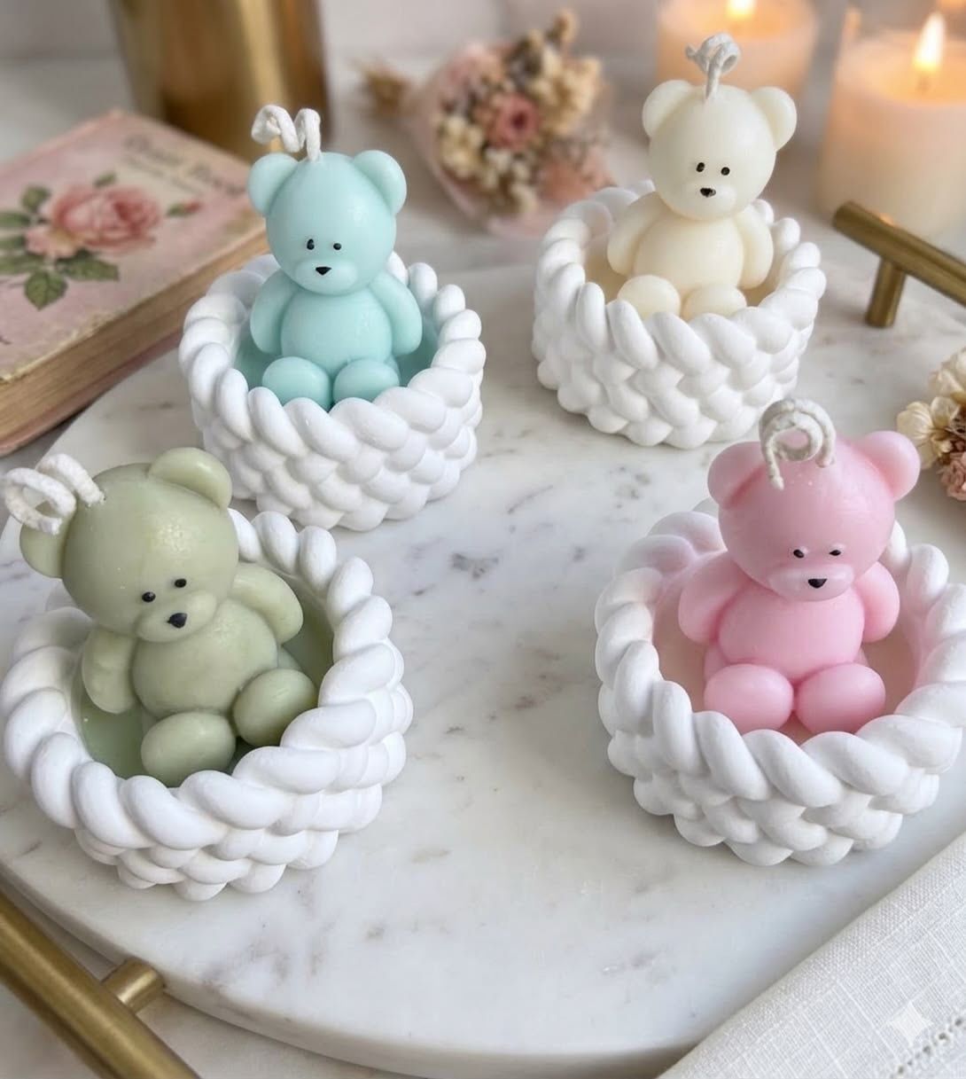 Teddy Bear Basket Scented Candle – Luxury Handmade Décor (All colors available) customized order available