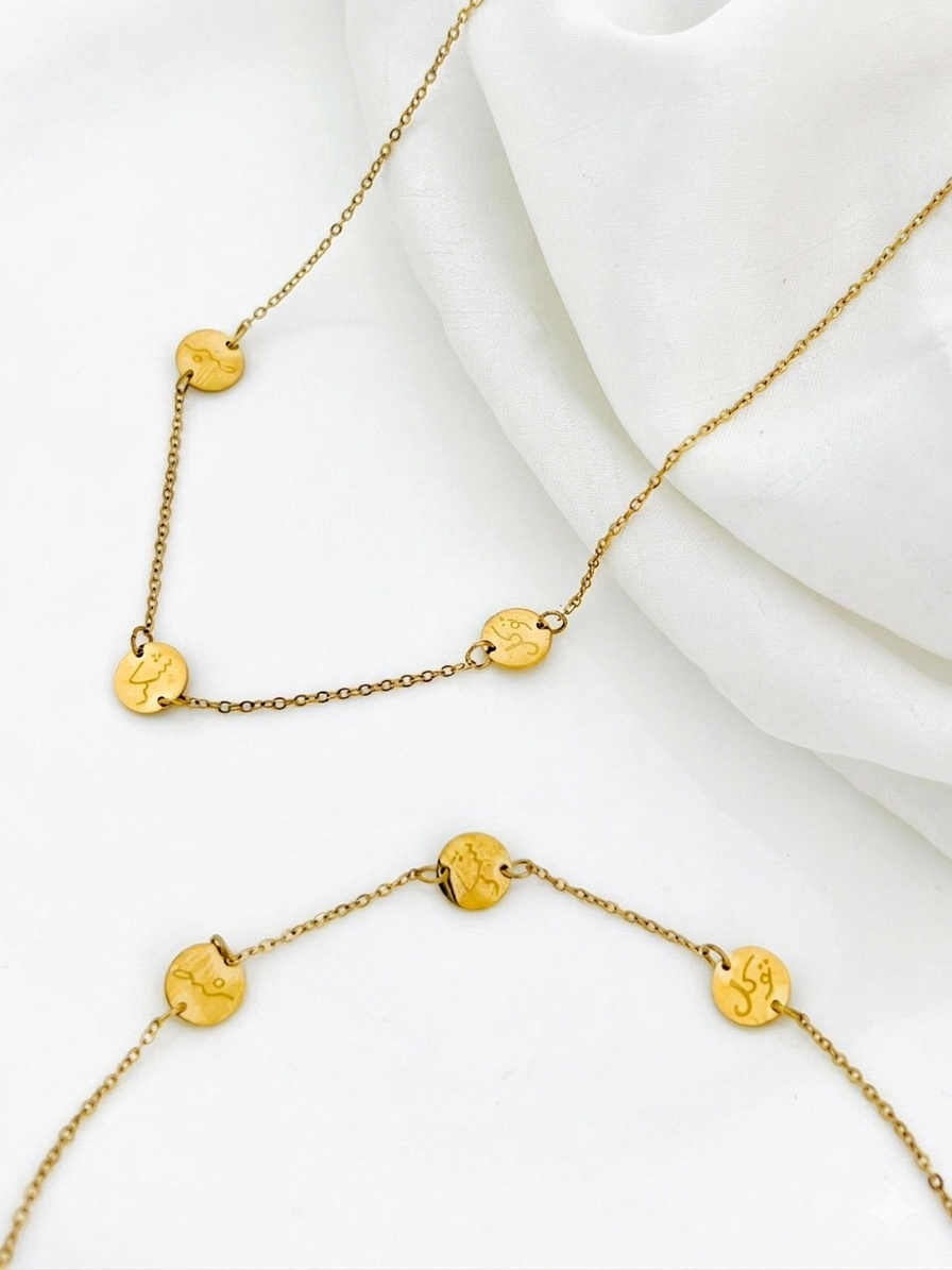 18K Gold Plated Arabic Calligraphy Coin Charm Necklace & Bracelet Set