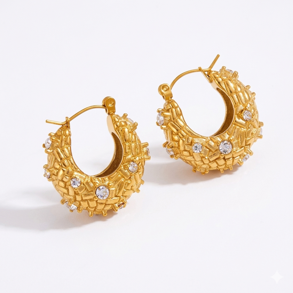 18K Gold Plated Textured Hoop Earrings with Sparkling Crystals – 316L Stainless Steel