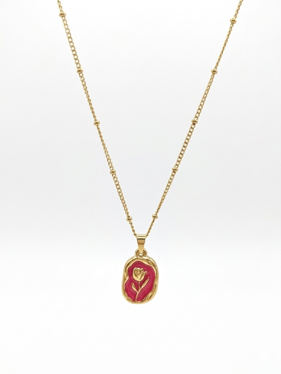 Stainless steel oval pendant necklace with red stone