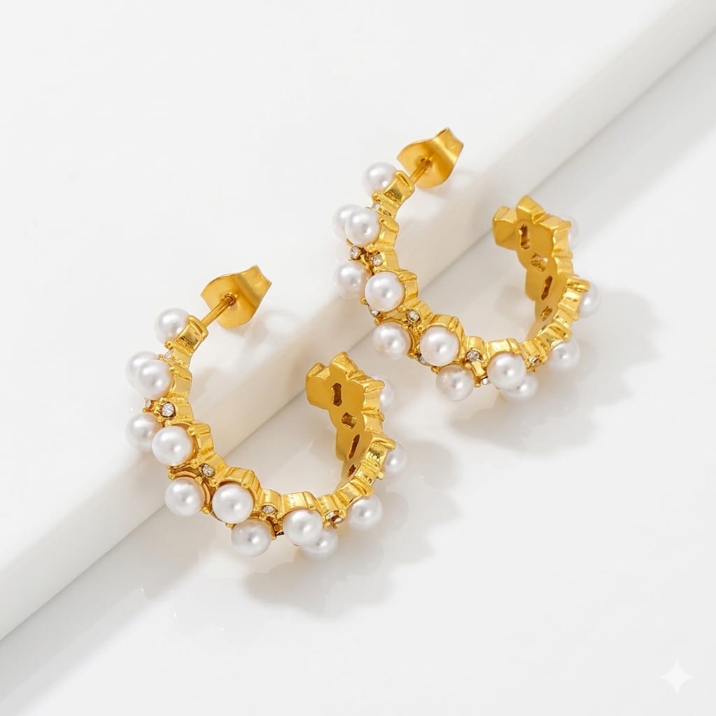 Shimmering pearl Accent Gold Hoops