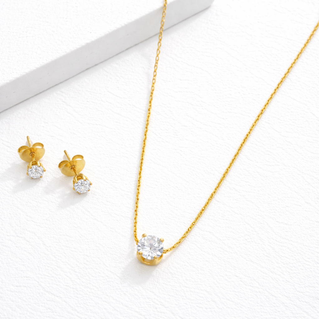Minimal Classic Solitaire Gold Stainless Steel Jewelry Set