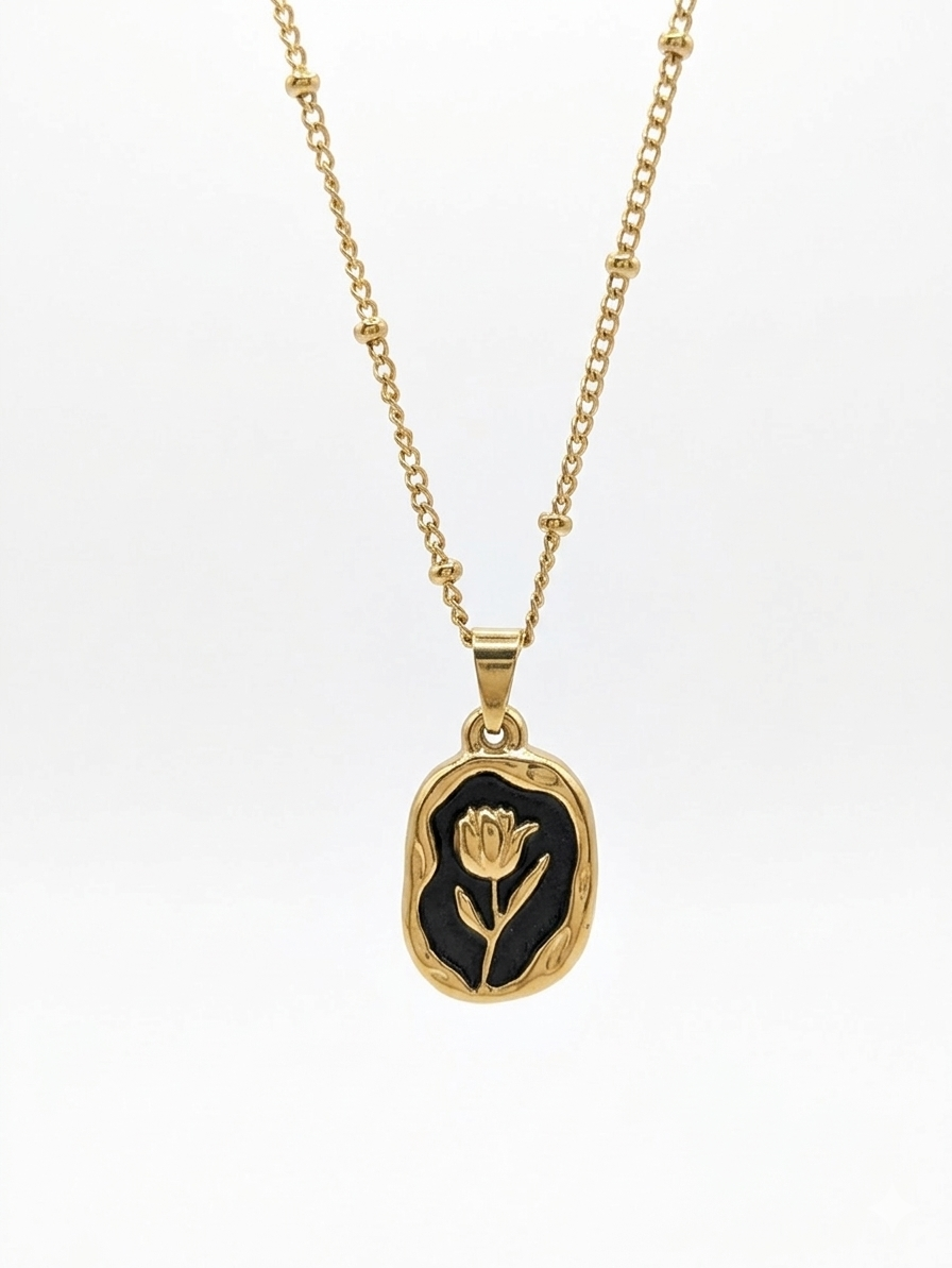 Elegant Gold Rose Pendant necklace with black accent