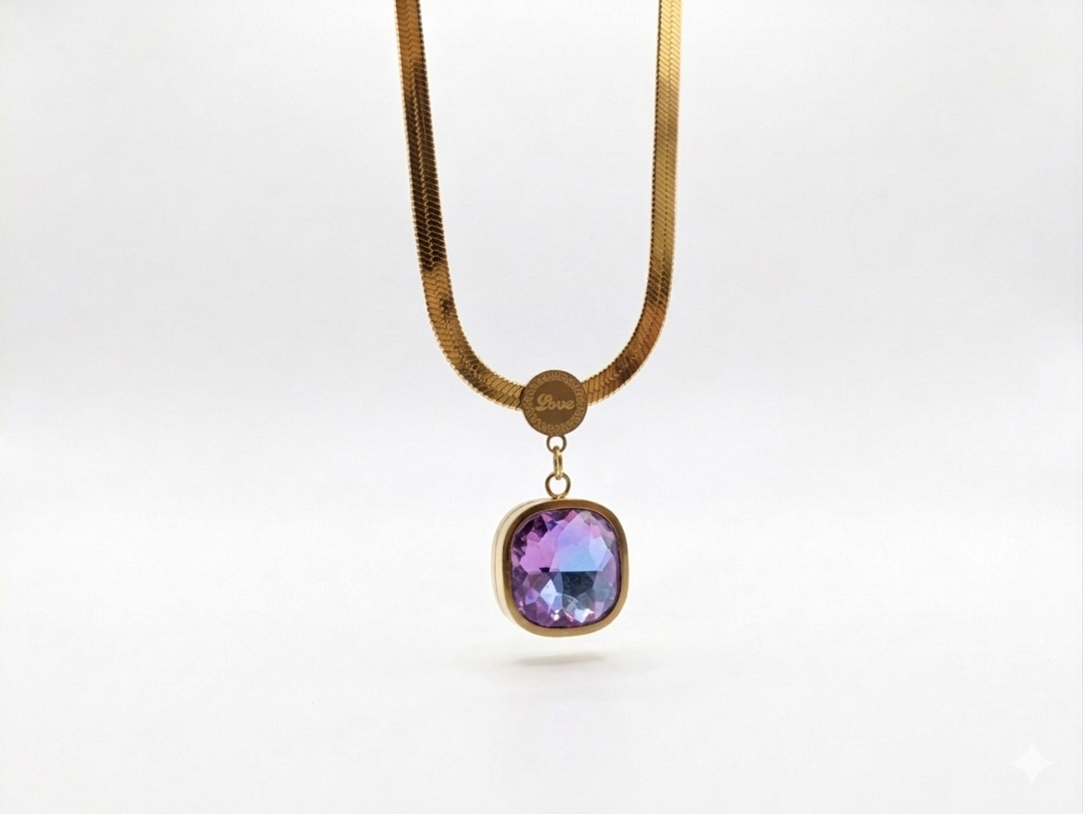 Gold chain Necklace with vibrant purple pendant