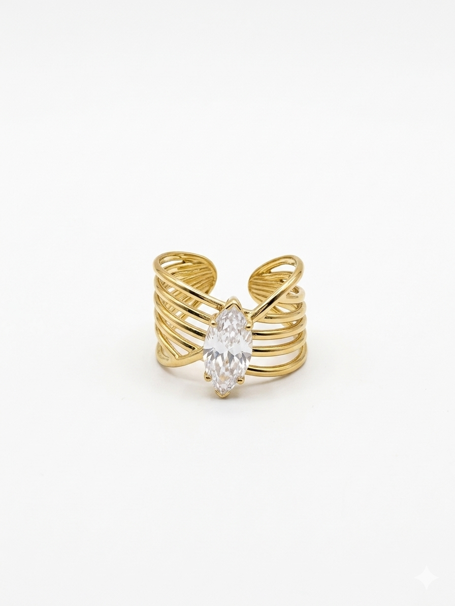 Elegant adjustable Gold Ring with large marquise diamond